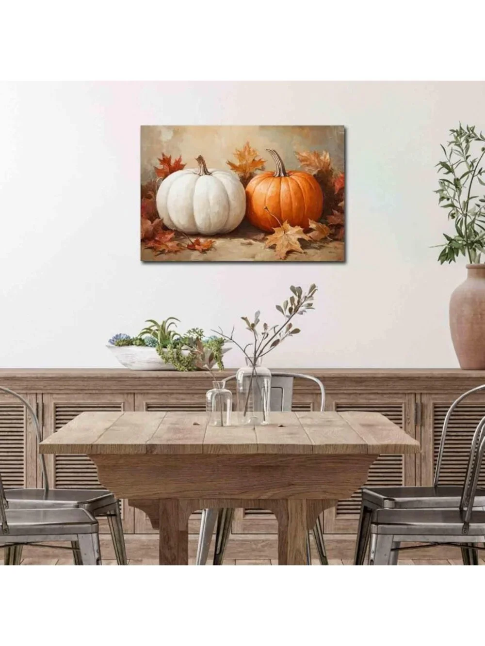Rustic Fall Pumpkins & Leaves Wall Art Decor | Autumn Harvest Canvas Print 24x36